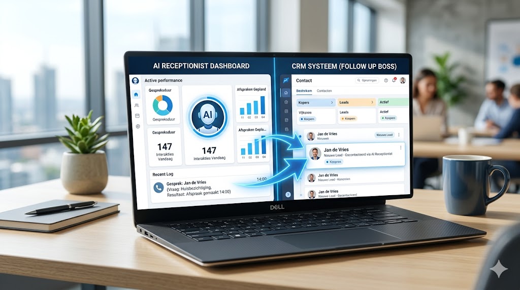 AI receptionist dashboard connected to real estate CRM interface, showing seamless integration.