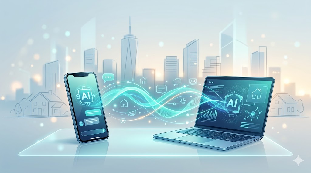 Abstract visualization of AI communication tools connecting smartphone and laptop with real estate background.