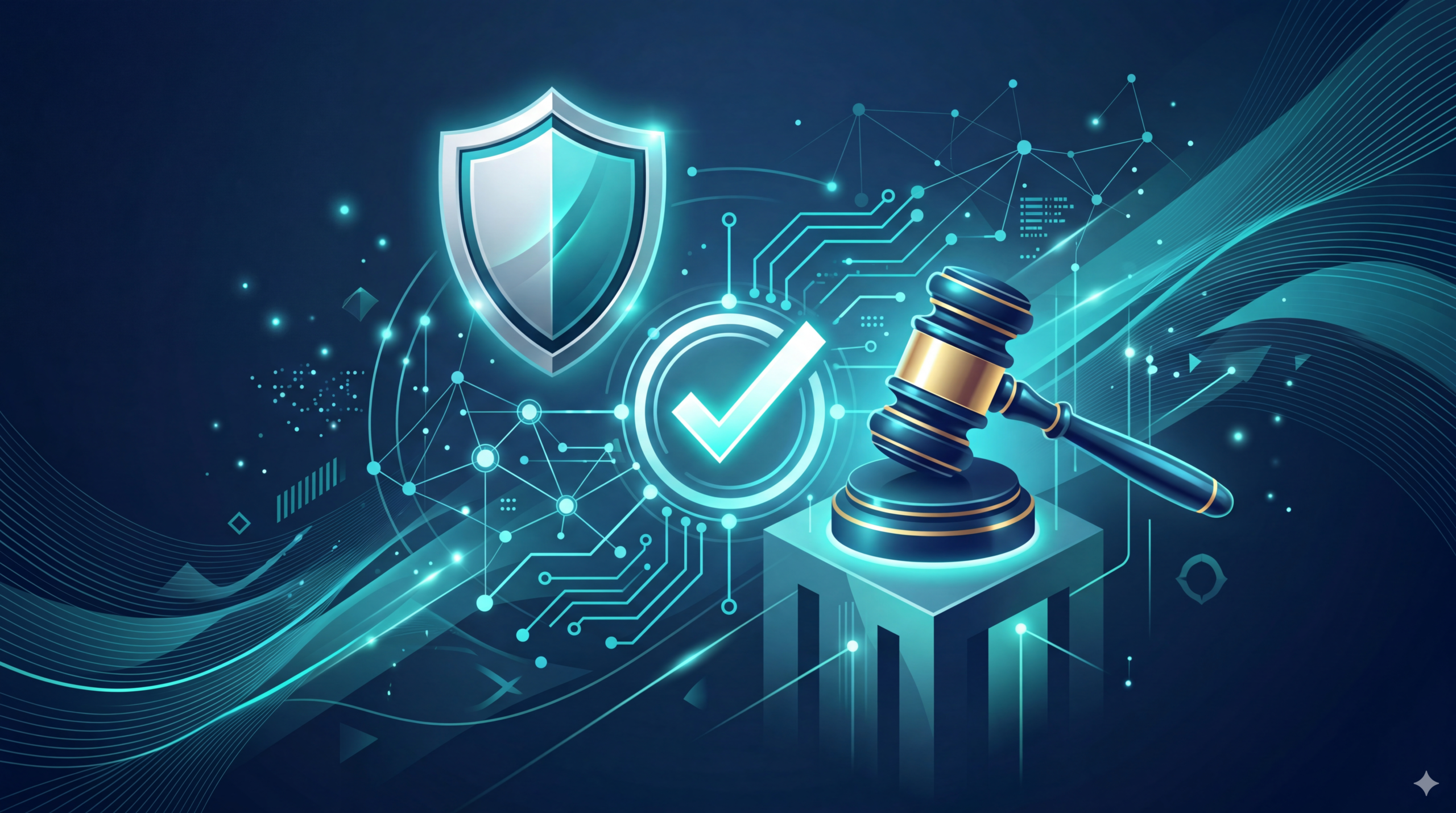 Compliance shield with gavel and AI interface, representing legal use of AI receptionists in real estate.