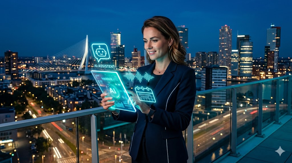 Futuristic real estate agent using AI tools on tablet and smartphone