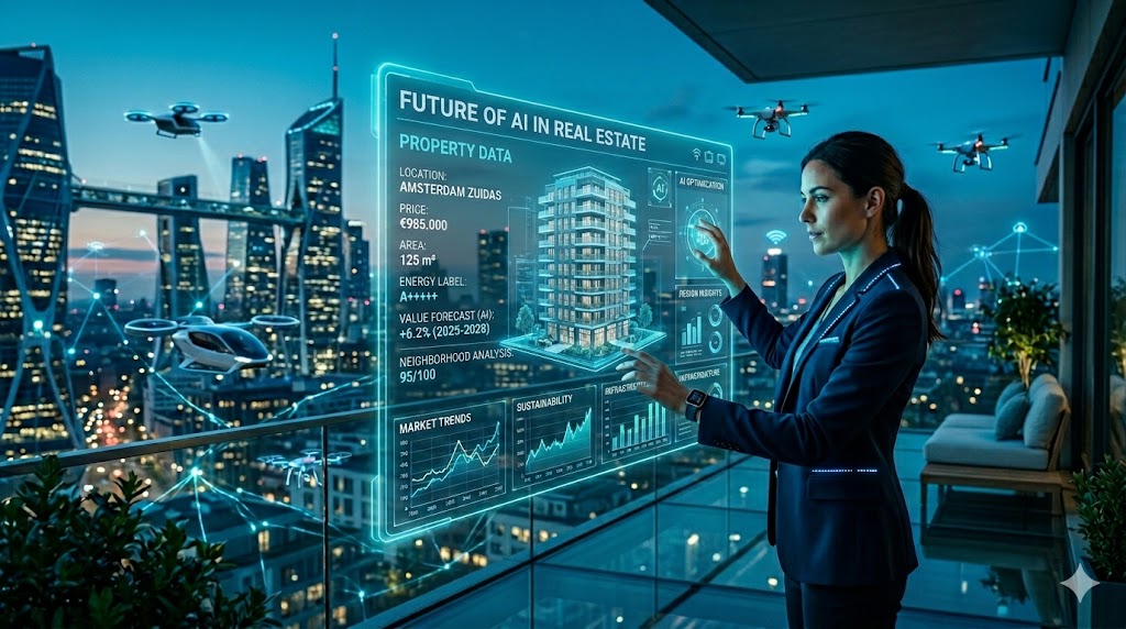 Futuristic real estate concept with AI interfaces and cityscape