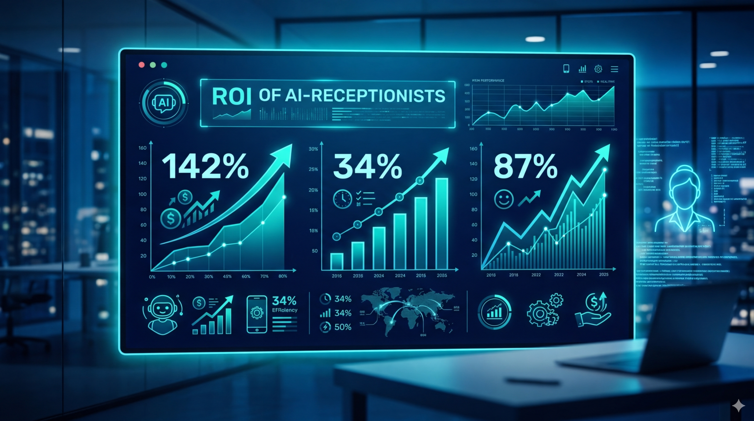 ROI dashboard showing 142% increase in appointments and 34% lower cost per lead with AI receptionist for real estate.