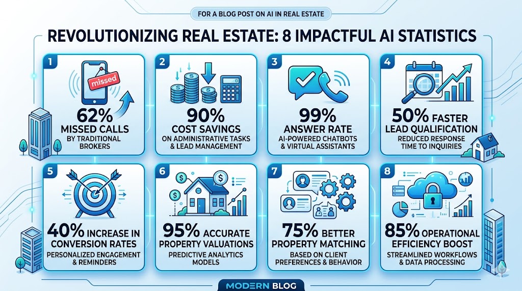 Infographic showing key AI statistics for real estate agents