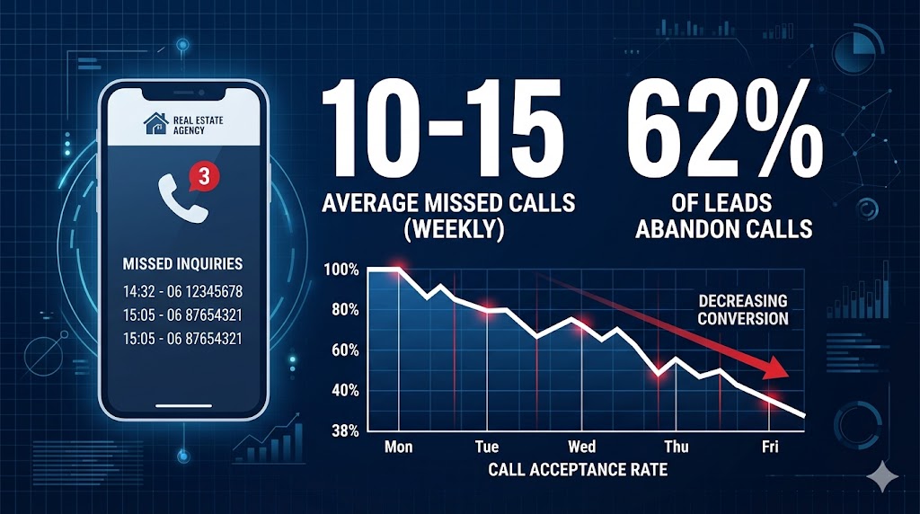 Infographic showing real estate agents miss 10‑15 buyer calls per week, 62% of calls go unanswered.
