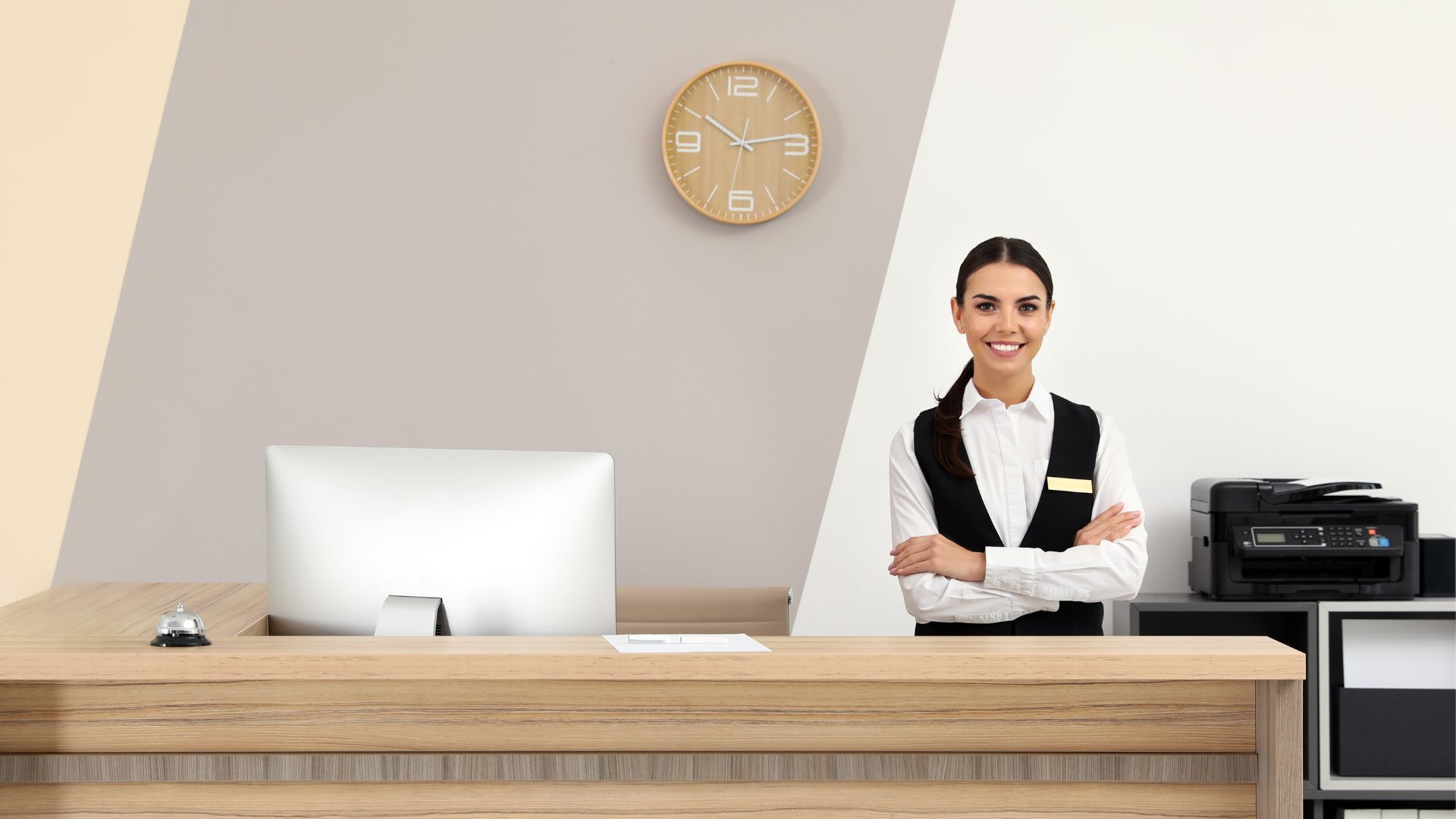 Hotel front desk with AI receptionist technology