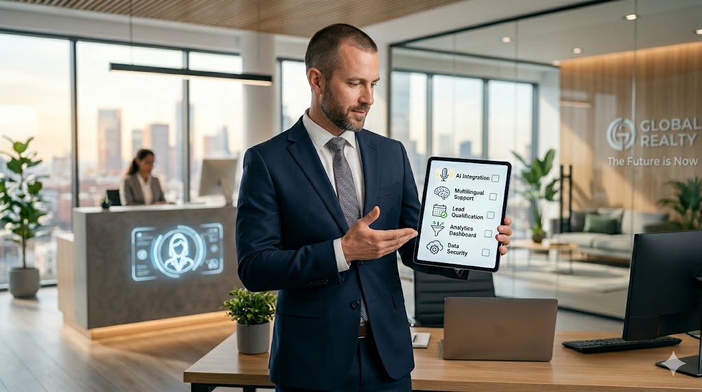 Real estate agent holding tablet with checklist of features for choosing AI receptionist.