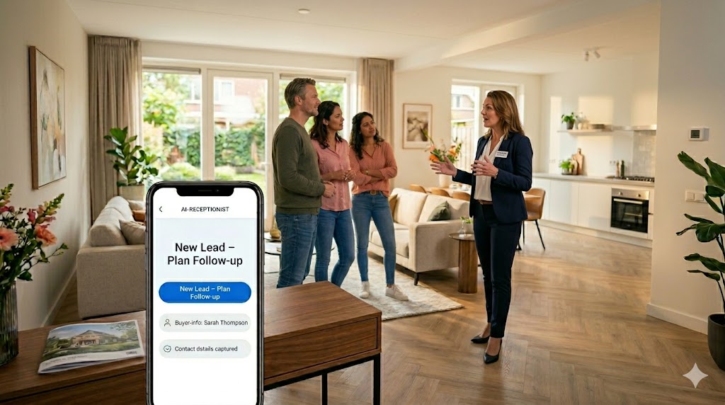 Real estate agent leading open house with smartphone showing AI receptionist capturing new buyer lead.