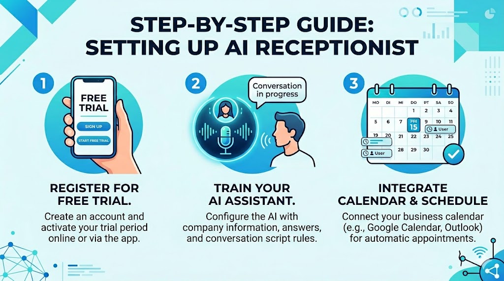 Real estate agent setting up AI receptionist on laptop with step‑by‑step guide