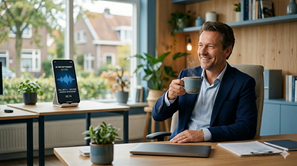 Real estate agent smiling with smartphone showing AI receptionist interface