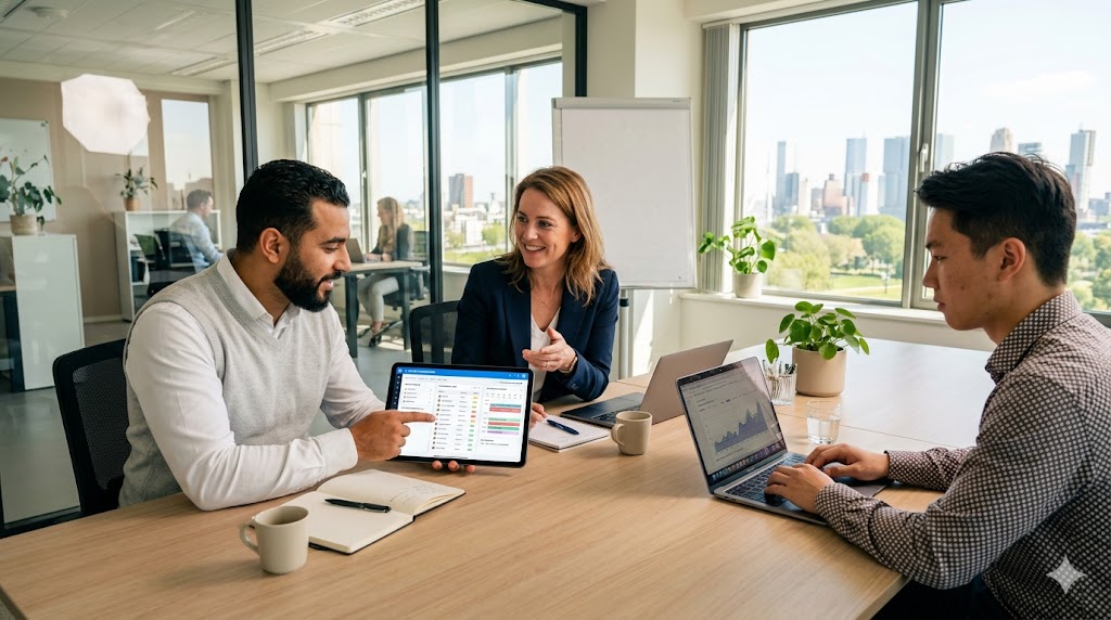 Real estate team collaborating with AI receptionist dashboard showing shared leads and calendar.