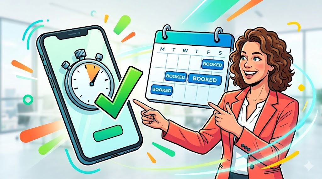 Smartphone with stopwatch and checkmark, showing fast lead response with AI receptionist.