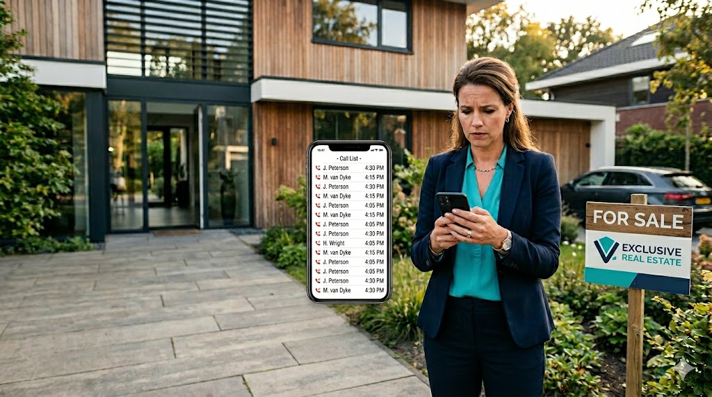 Real estate agent checking missed calls on smartphone while showing a house