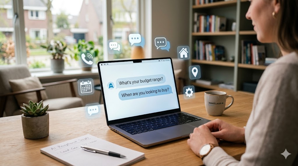 Laptop displaying AI receptionist script with budget and timeline questions for real estate agents.