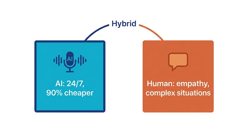 Infographic comparing AI receptionist (24/7, 90% cheaper) with human receptionist (empathy, complex situations), showing hybrid advantage for real estate agents.