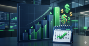 Bar chart going up with dollar signs and calendar – ROI breakdown for AI receptionist in real estate.