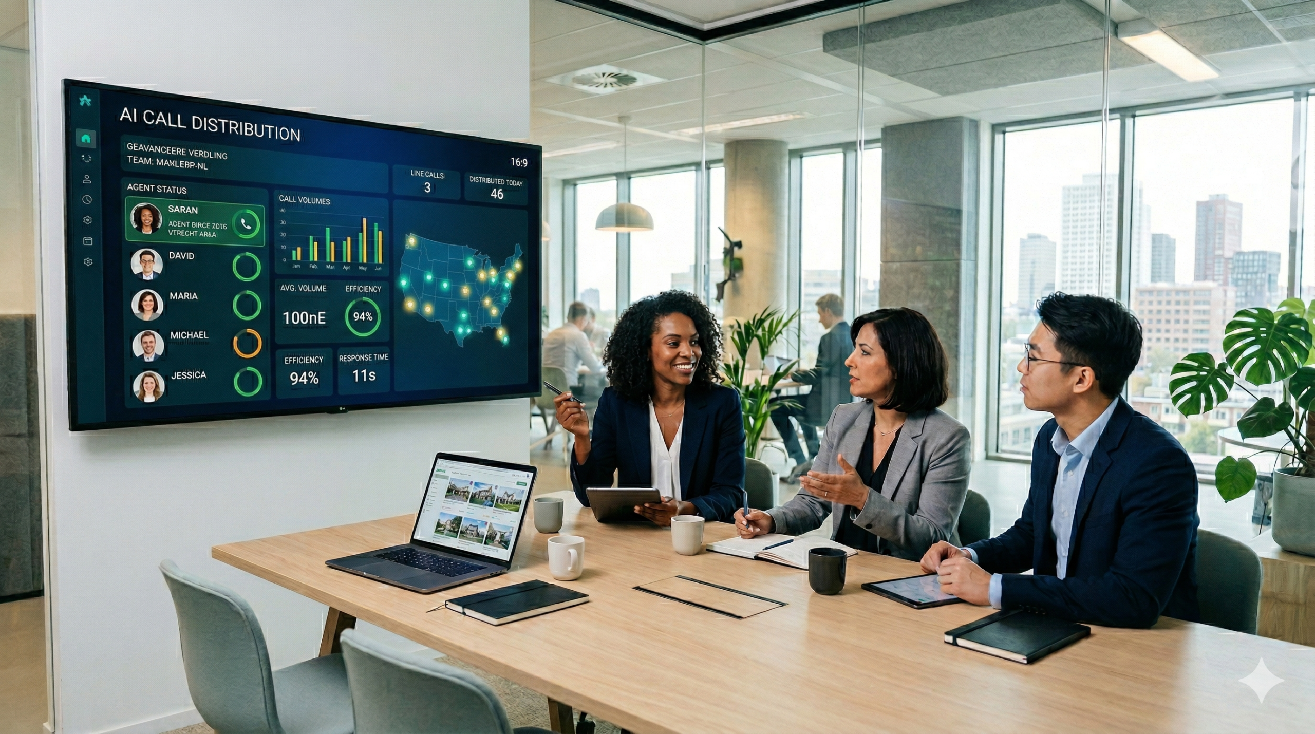 Real estate team collaborating with AI receptionist dashboard showing call routing and shared leads.