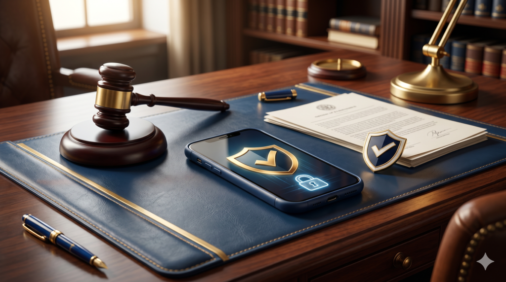 Shield with checkmark, gavel, and smartphone with lock – AI compliance for real estate agents.