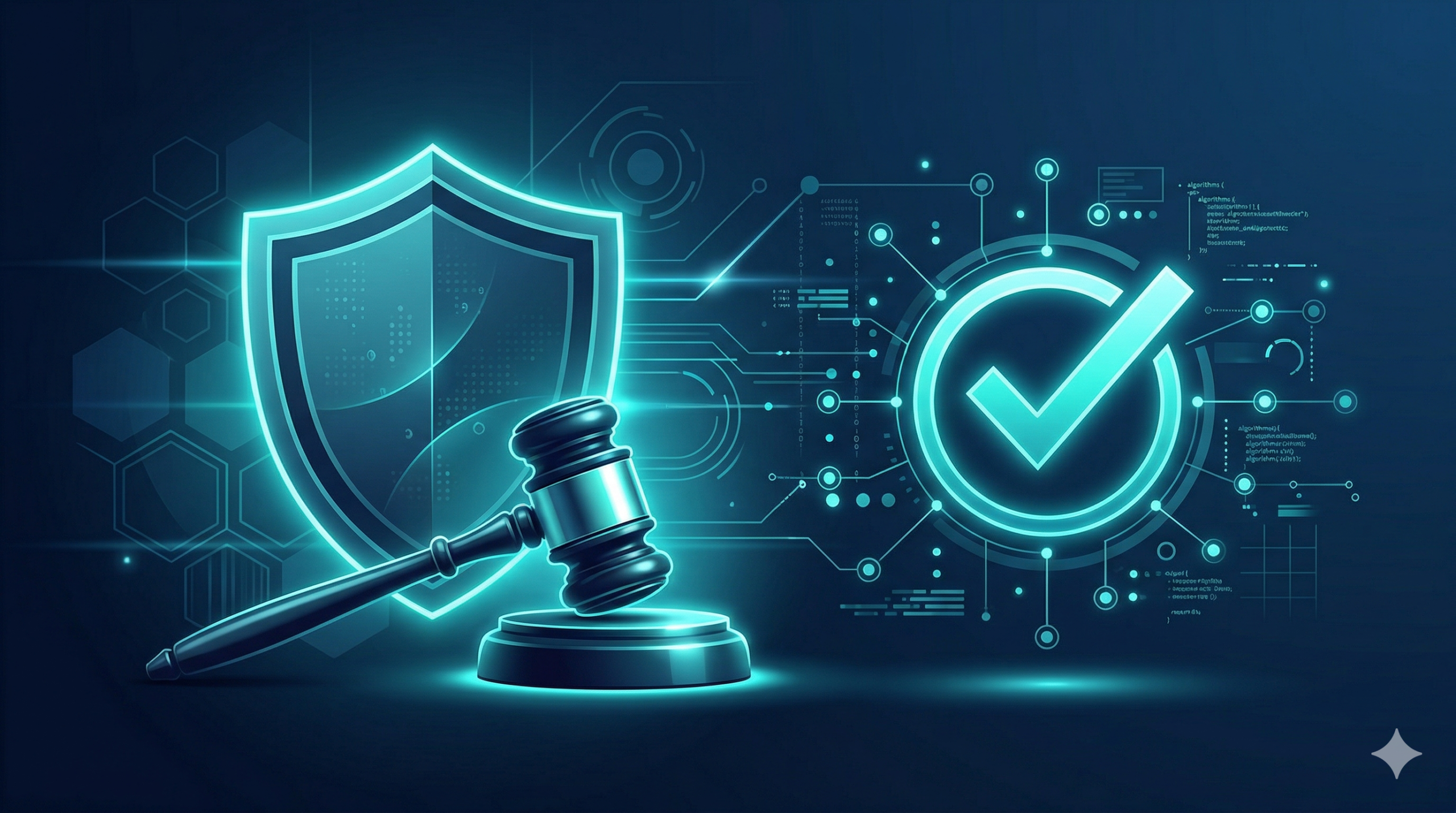 Compliance shield with gavel and AI interface, representing legal use of AI receptionists in real estate.
