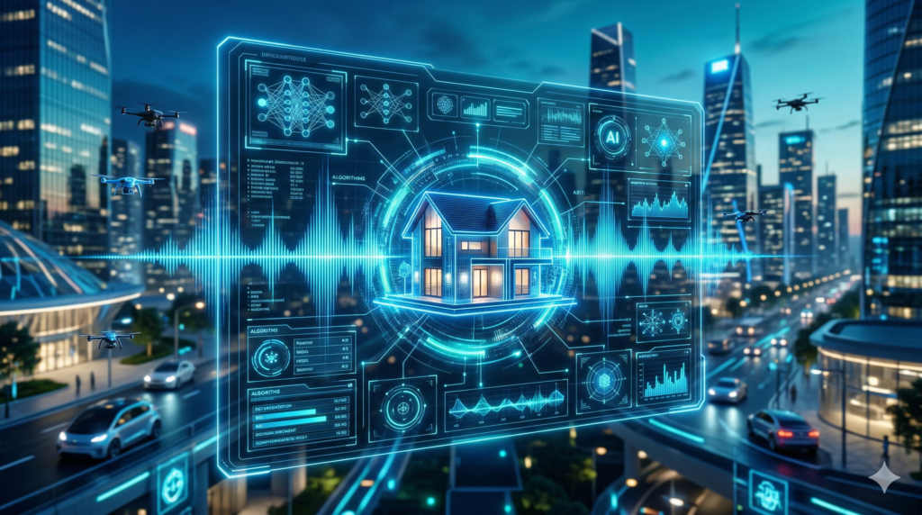 Futuristic AI interface with house and sound waves, representing AI trends transforming real estate in 2026.