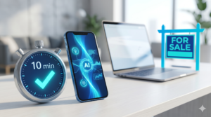 Stopwatch with 10 minutes and a checkmark next to a smartphone with AI interface, real estate office background – step-by-step setup guide for AI receptionist.