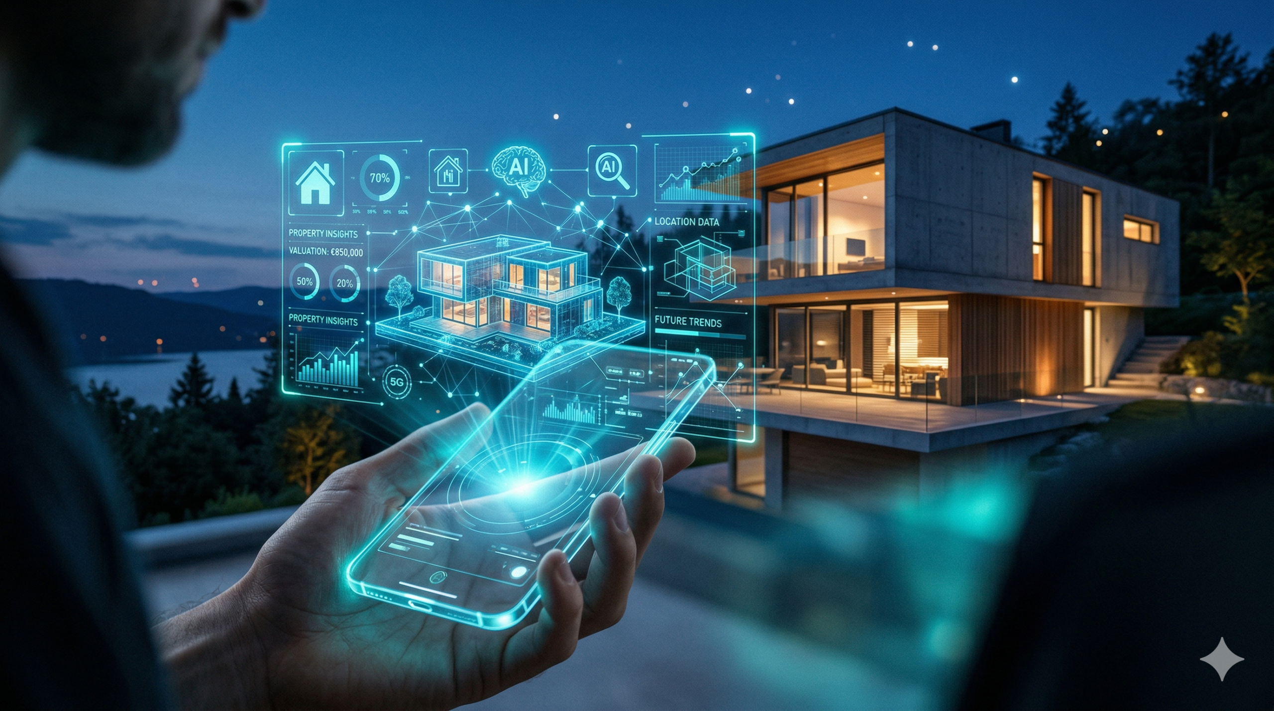 Futuristic concept image showing AI voice agent and holographic interface for future real estate technology.
