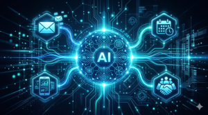 Central AI hub connected to CRM, calendar, email, and smartphone – integration guide for real estate agents.