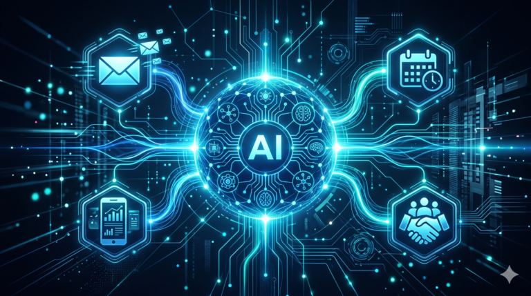 Central AI hub connected to CRM, calendar, email, and smartphone – integration guide for real estate agents.