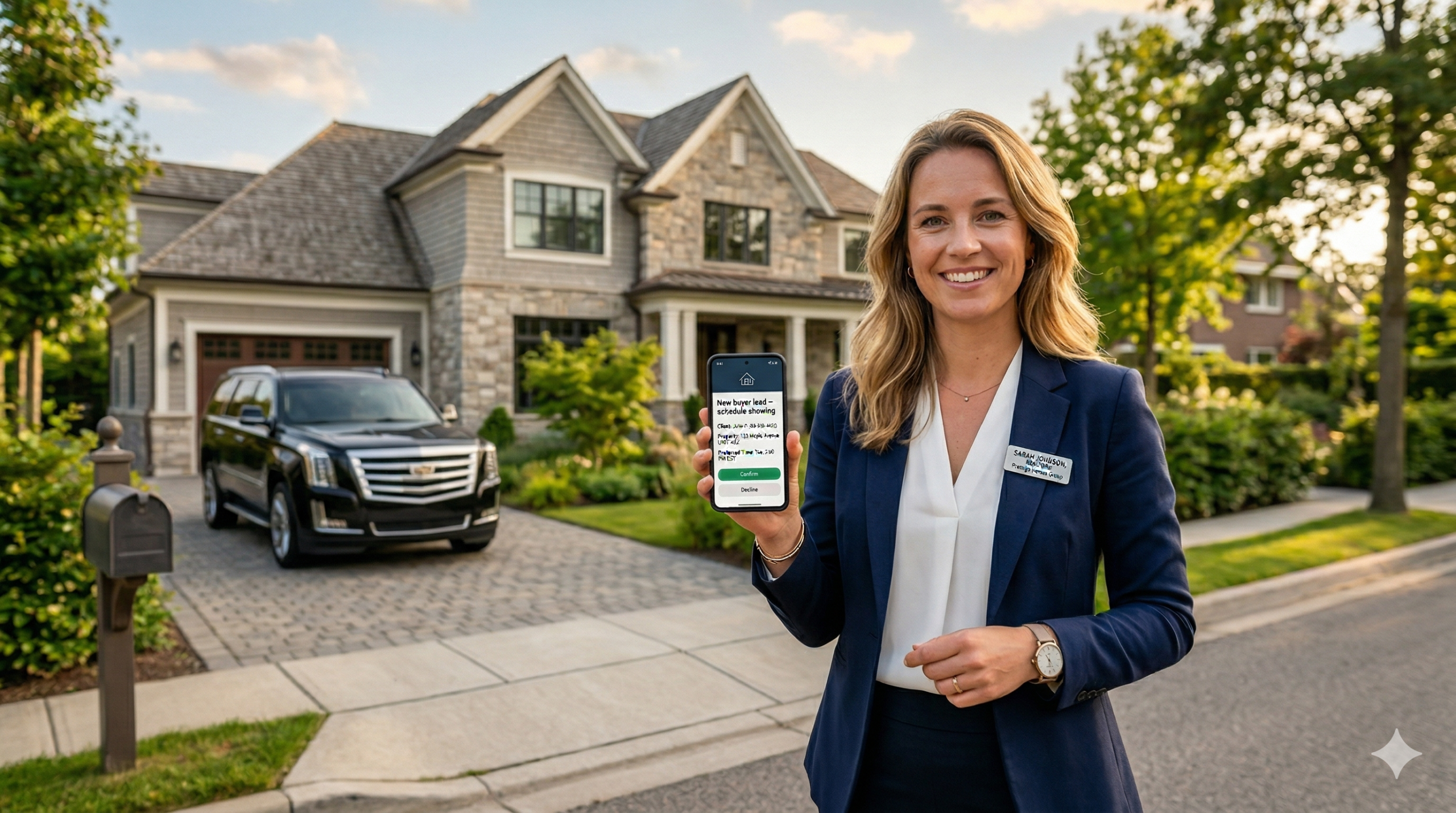 Real estate agent using AI receptionist on smartphone to capture new buyer lead and schedule showing.
