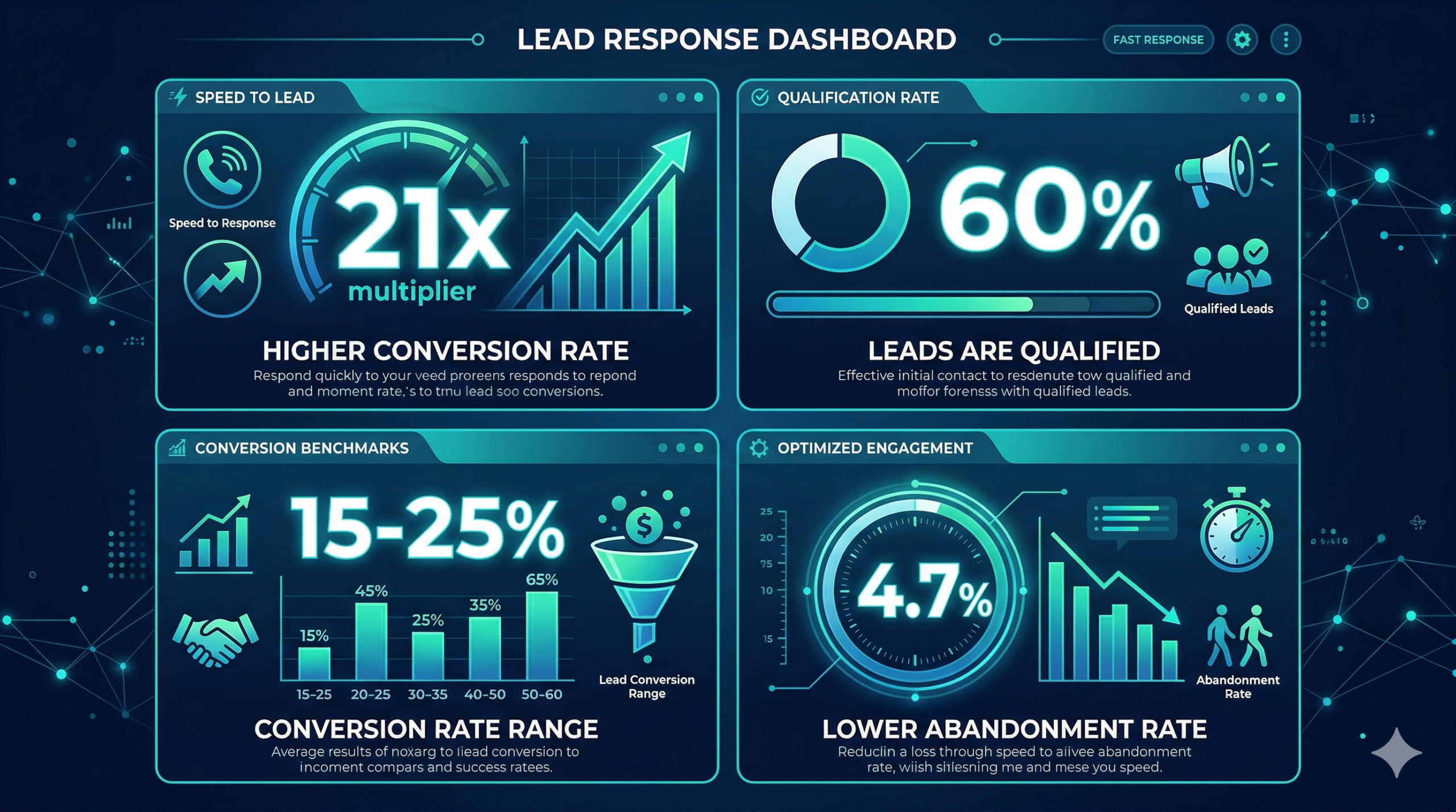 Infographic showing key real estate lead response statistics: 21x more likely to convert within 5 minutes, 60% of inquiries after hours.