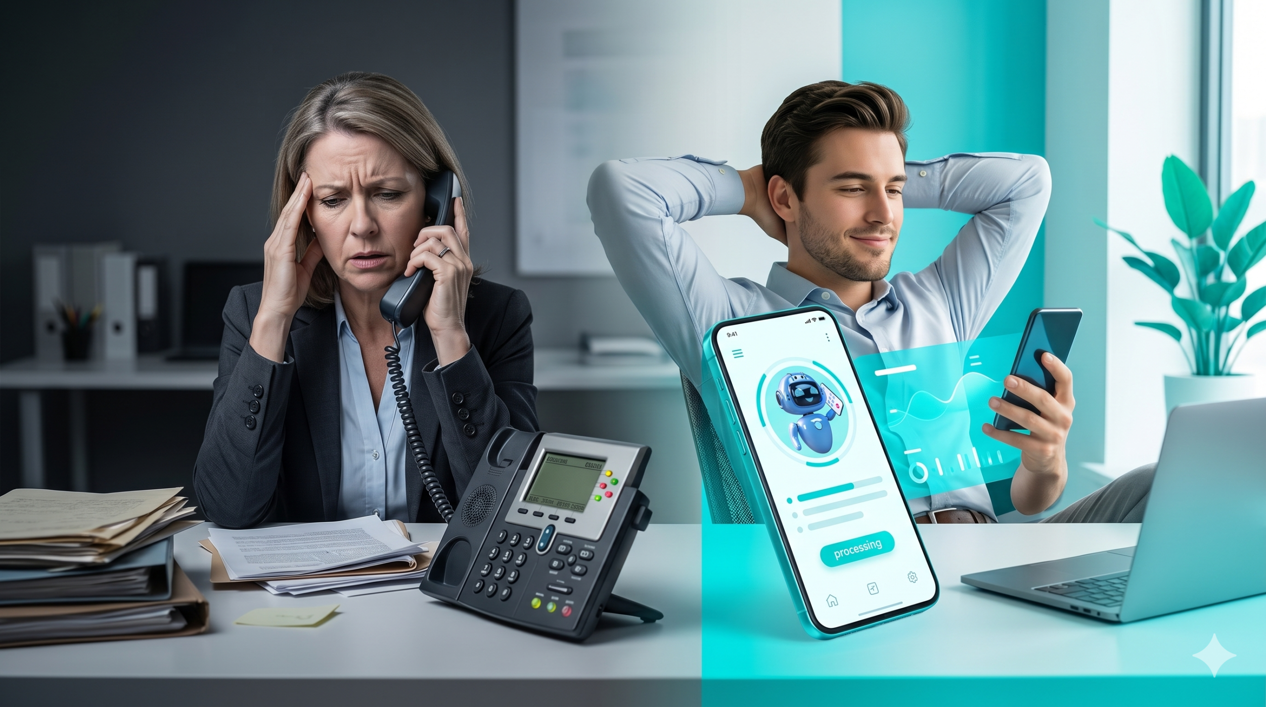 Frustrated agent with voicemail vs relaxed agent with AI – switching from voicemail to AI receptionist.