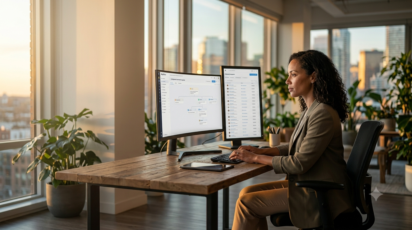 Sales director building an automated outbound cold email sequence using dual monitors in a high-rise office during golden hour.