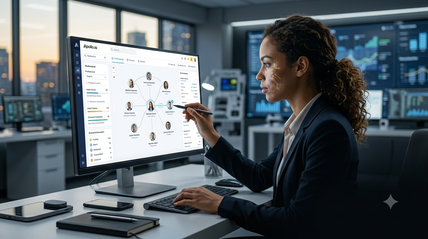 A female B2B data intelligence analyst focuses on a detailed Apollo.io dashboard on a large, high-resolution monitor in a premium technology lab. She evaluates lead scores and buying intent metrics, optimizing an outbound outreach sequence based on real-time data orchestration for efficient prospecting and GTM execution. The photo has an ultra-realistic DSLR camera quality, with realistic skin textures and shadows, set against a background tech environment at golden hour with empty space for a blog title overlay.