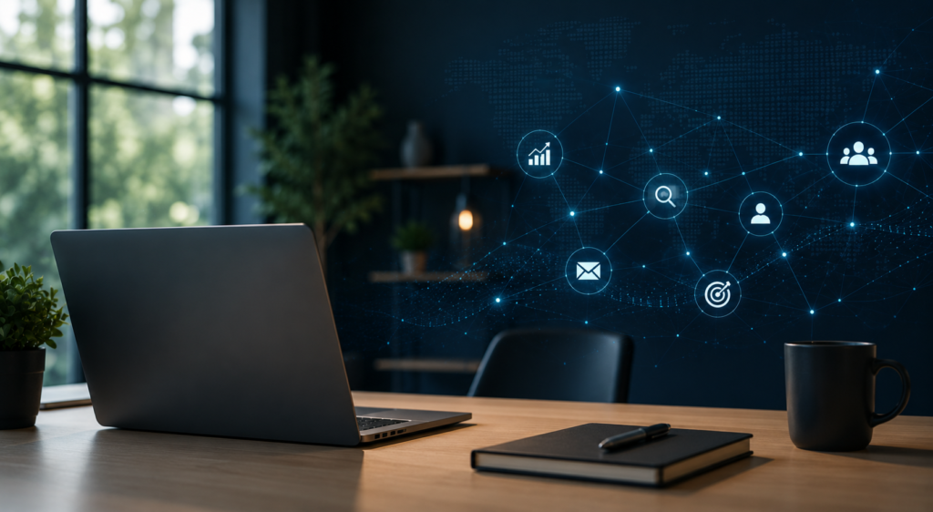 A high-end laptop on a modern office desk displaying an elegant, text-free interface comparing three different abstract AI sales tools side-by-side using vibrant data charts and minimalist pipeline icons.