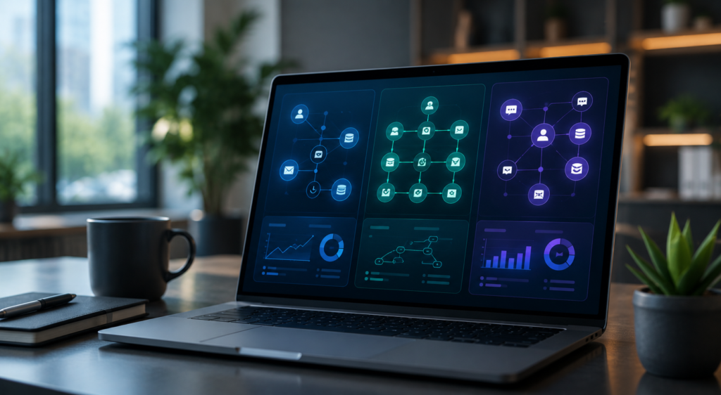 A modern laptop on a sleek office desk displaying a text-free side-by-side visual interface comparing three distinct workflow automation architectures using glowing connected nodes and minimalist data graphics.