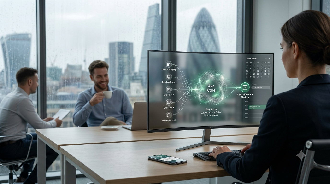A professional female sales manager tracking an autonomous Ava AI SDR workflow on a premium curved monitor inside a modern London high-rise office.