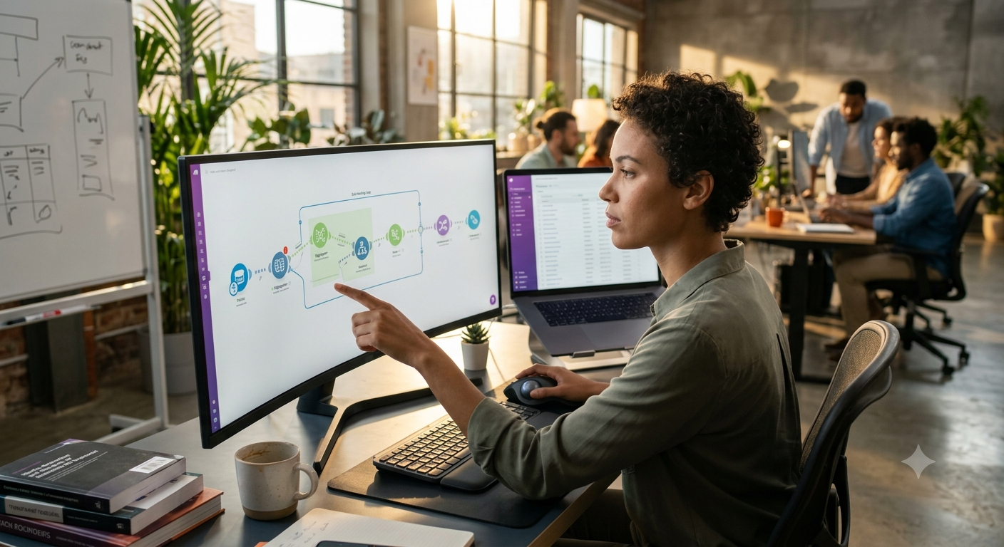Operations manager mapping out an advanced data routing workflow on a wide desktop monitor inside a sunlit creative workspace.