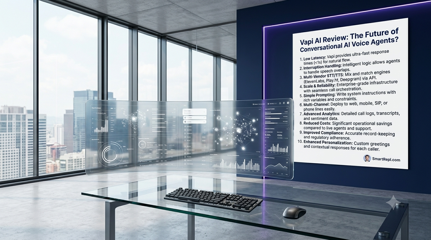 A premium 4K featured image for SmartRepl.com showcasing an authentic, real-world human interaction with voice technology to complement an in-depth review of Vapi AI.