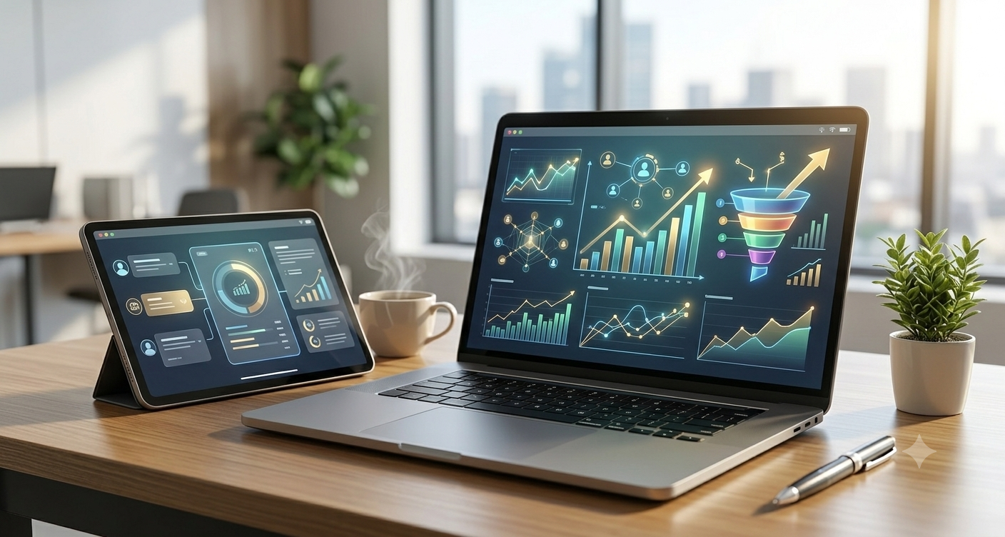 A modern sales workstation with a high-end tablet showcasing an automated sales pipeline, growing meeting counts, and a successful sales funnel visualization.