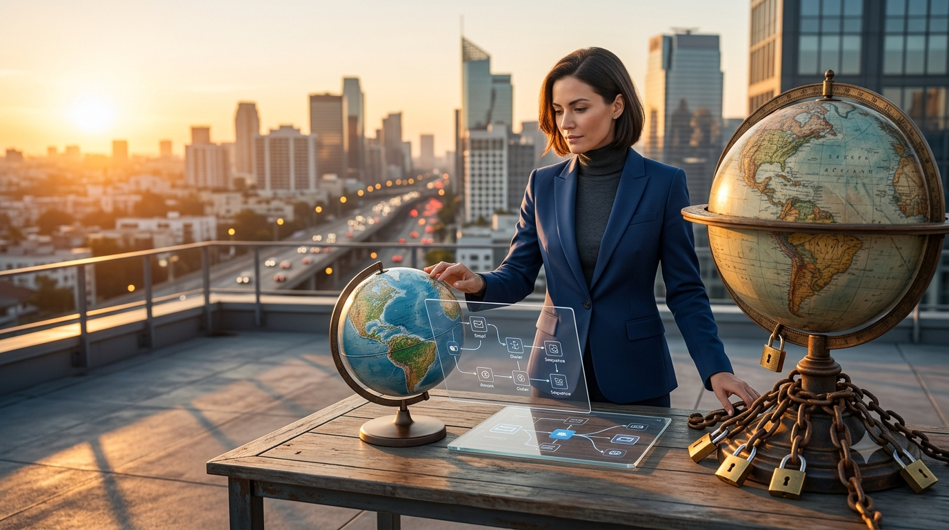 A female startup founder evaluating integrated sales intelligence software workflows on a modern tech dashboard during golden hour.