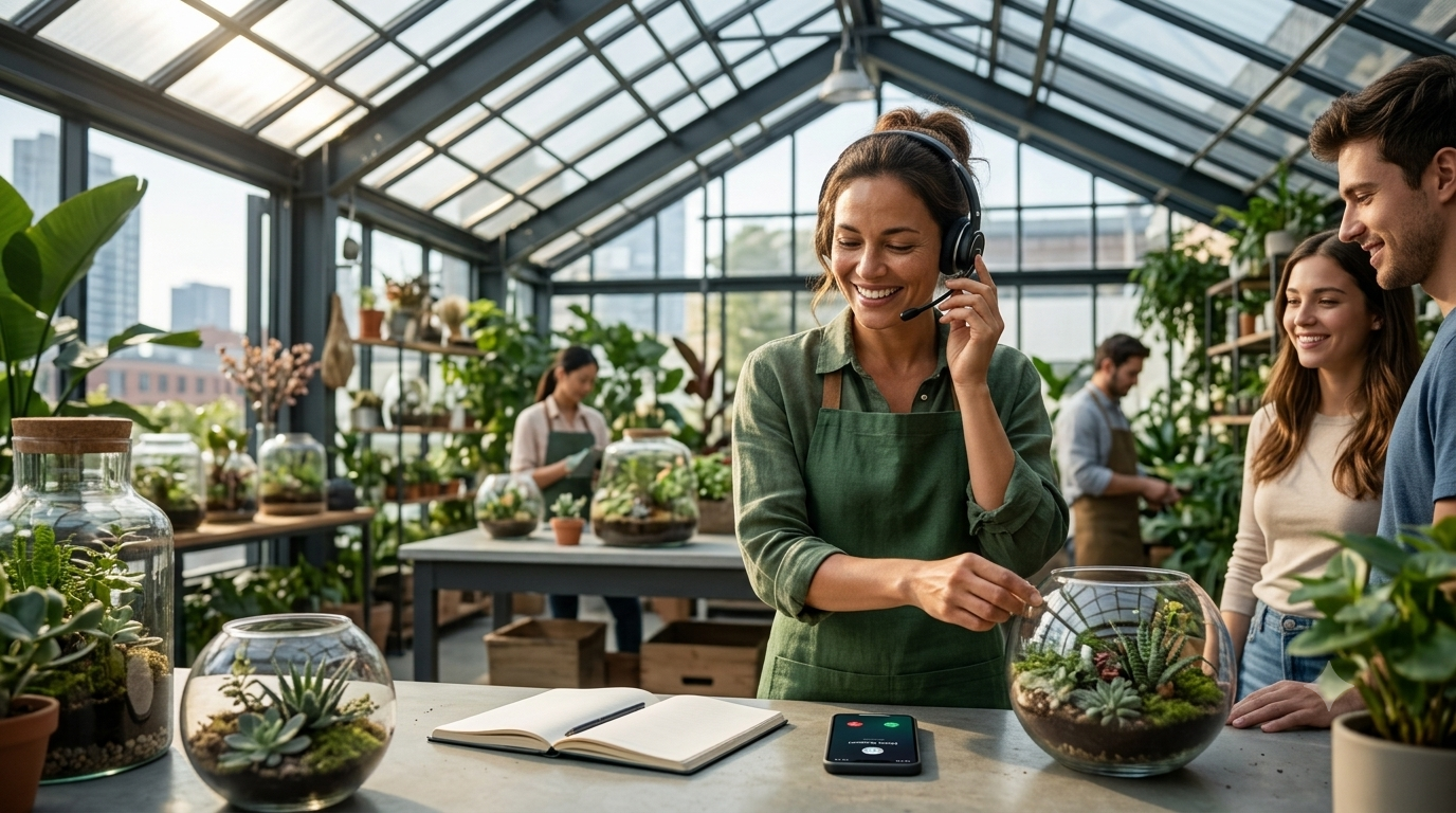 A business owner in a modern botanical greenhouse using ManyChat automation to seamlessly handle customer support queries.