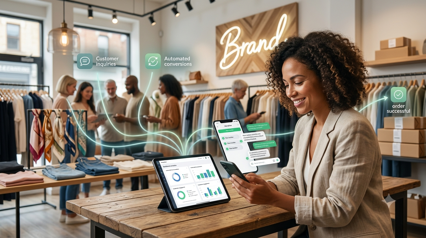A smiling boutique owner looking at her smartphone and tablet displaying chat automation metrics while customers browse clothes in the background.