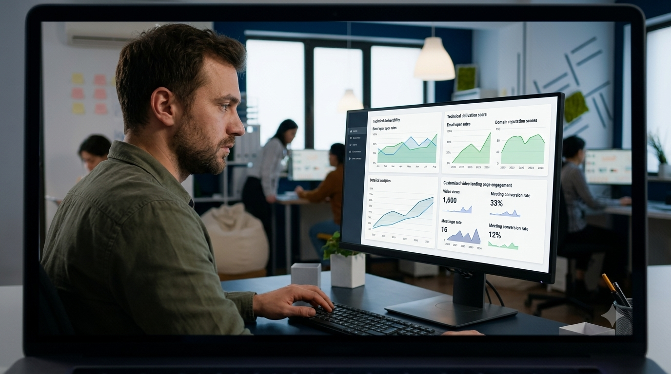 A modern sales development representative sitting at a premium creative workspace, analyzing an optimized, multi-channel outbound sequence dashboard featuring email deliverability metrics and custom video page analytics.