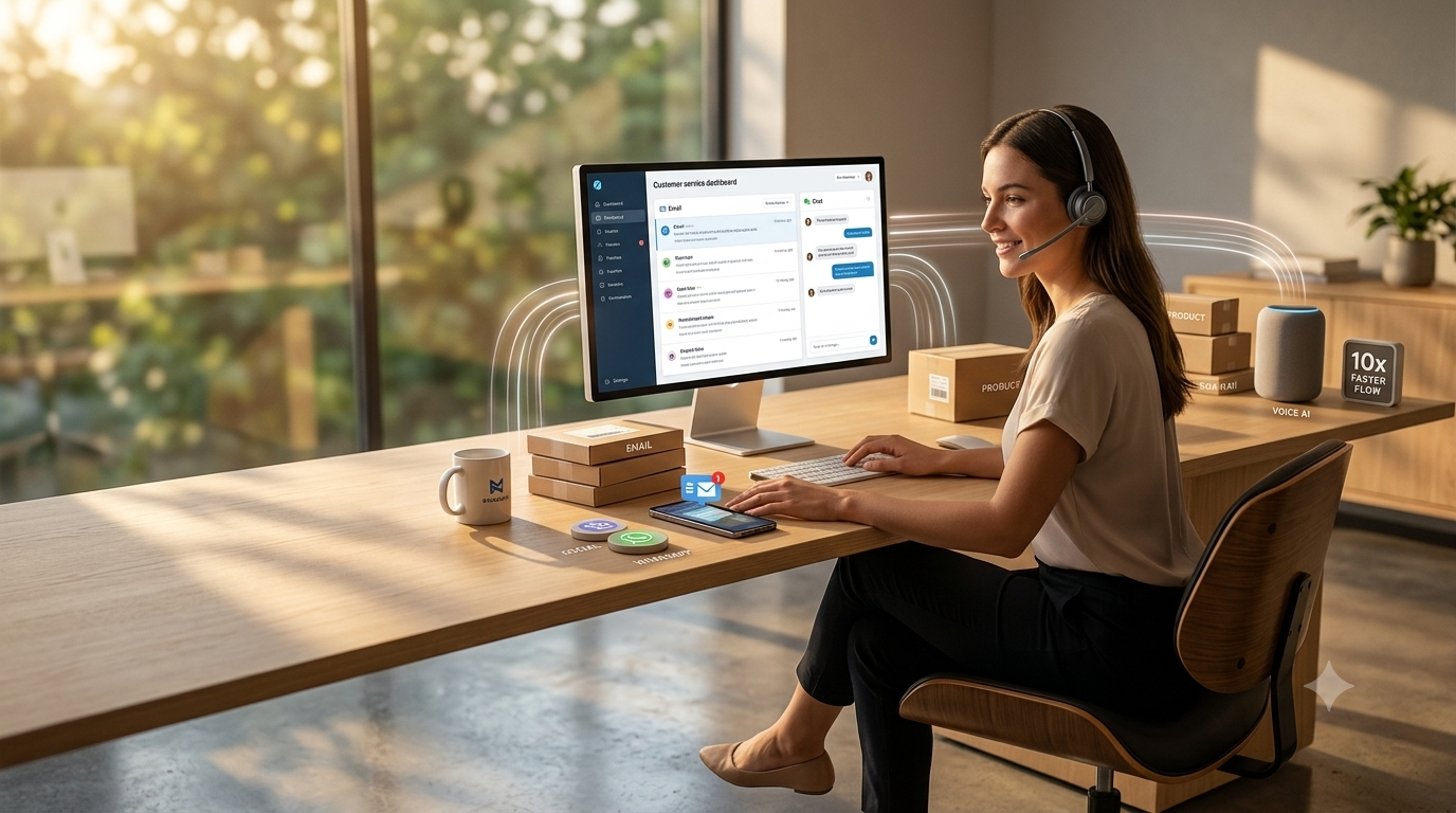 Smartrepl customer service consultant using a unified e-commerce helpdesk interface to automate ticketing workflows in a modern office with city view.