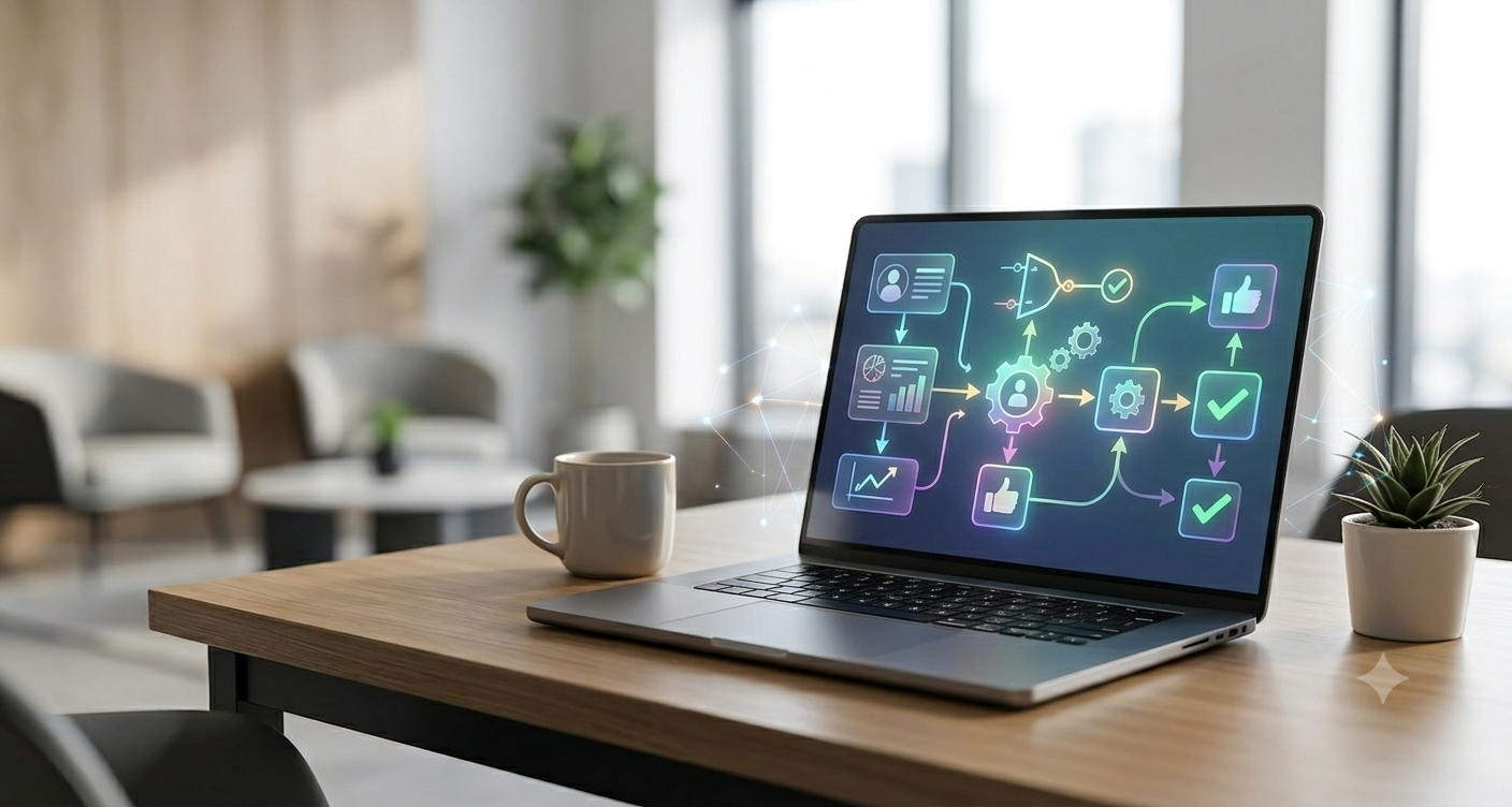 A high-end tablet on a modern wooden office desk displaying an abstract, text-free data workflow chart with glowing nodes, gears, and connected process icons.