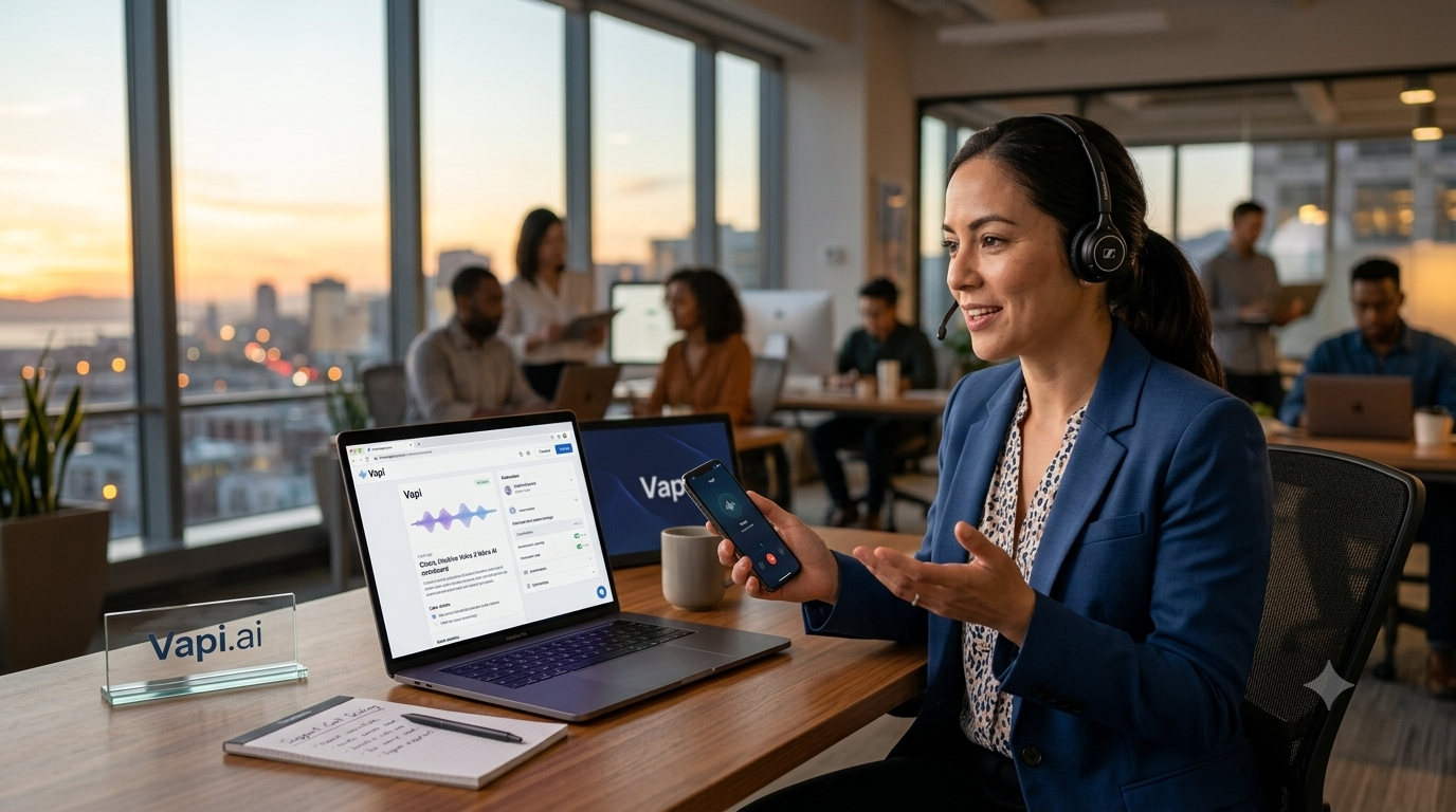 A professional business woman wearing a headset in a modern office, scaling support calls using Vapi AI voice automation platform.