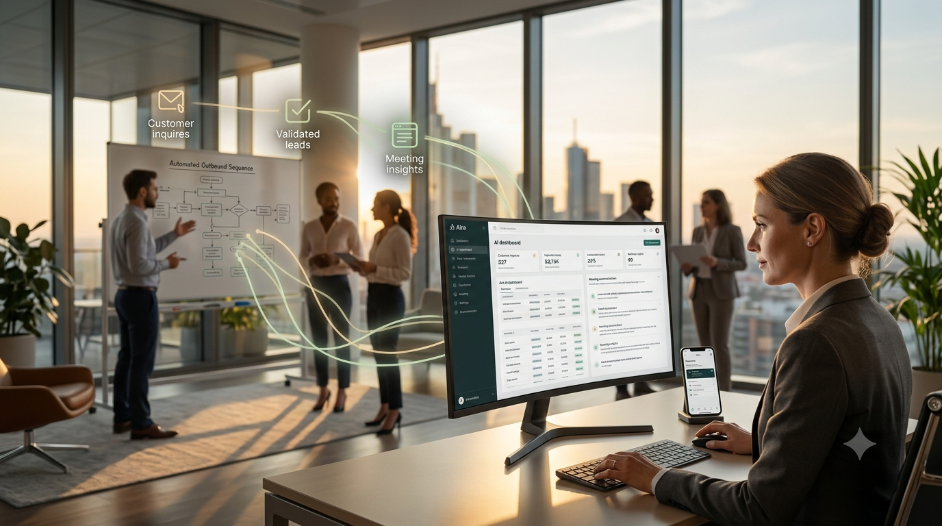 A professional female sales executive analyzing B2B lead intelligence and market data on a desktop monitor in a high-rise office meeting room during morning golden hour.