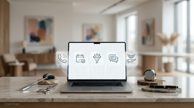 A modern laptop sitting open on a clean wooden office desk, displaying a minimalist layout showcasing 5 icons representing top local business automation solutions, with a warm coffee cup nearby.
