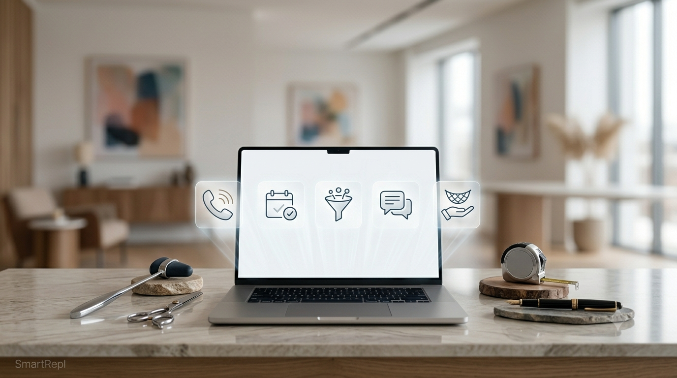 A modern laptop sitting open on a clean wooden office desk, displaying a minimalist layout showcasing 5 icons representing top local business automation solutions, with a warm coffee cup nearby.