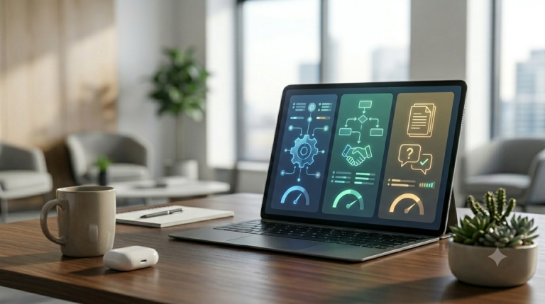 A modern wooden office desk with a laptop showcasing an elegant, text-free dashboard comparing three different abstract AI chatbot models side-by-side using vibrant minimalist data graphics.