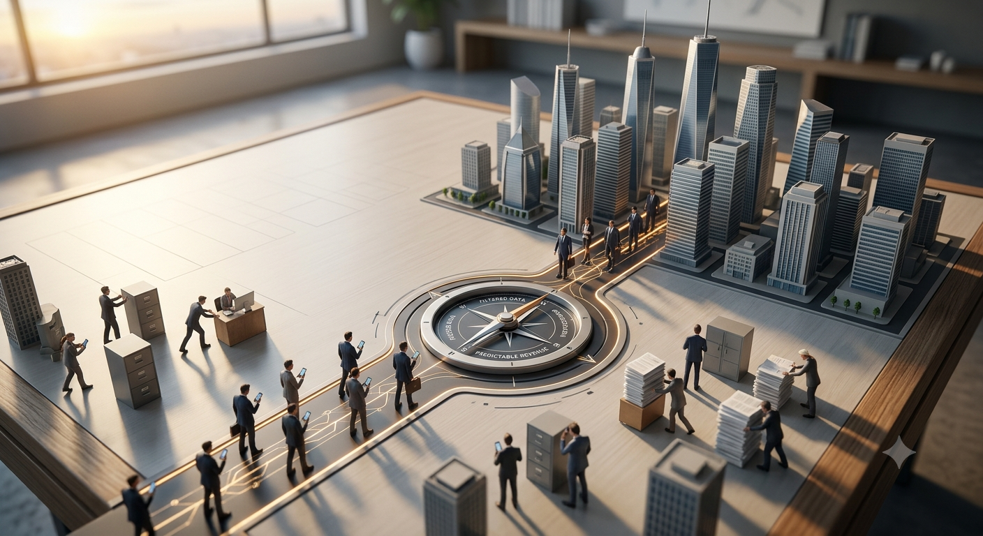 An architectural miniature model table demonstrating Apollo.io prospecting filters guiding sales representatives toward predictable revenue and away from manual data entry bottlenecks.
